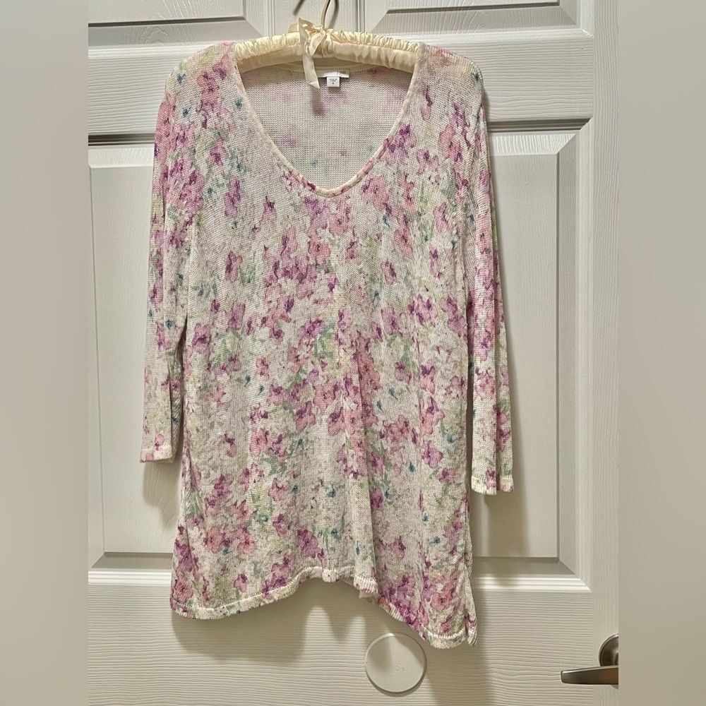 J. Jill Womens Knit Blouse Top Size M 3/4 Sleeve Pink Floral Linen Blend